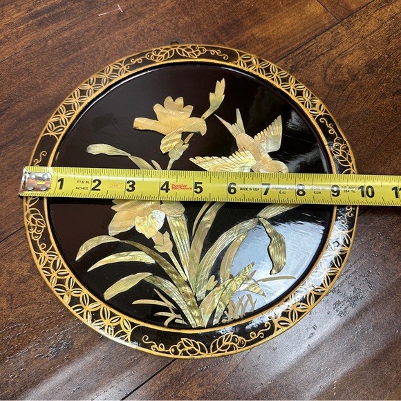 1950s Chinoiserie Black Lacquer Mother of Pearl Wall Art 10” Birds and Flowers - Picture 3 of 6
